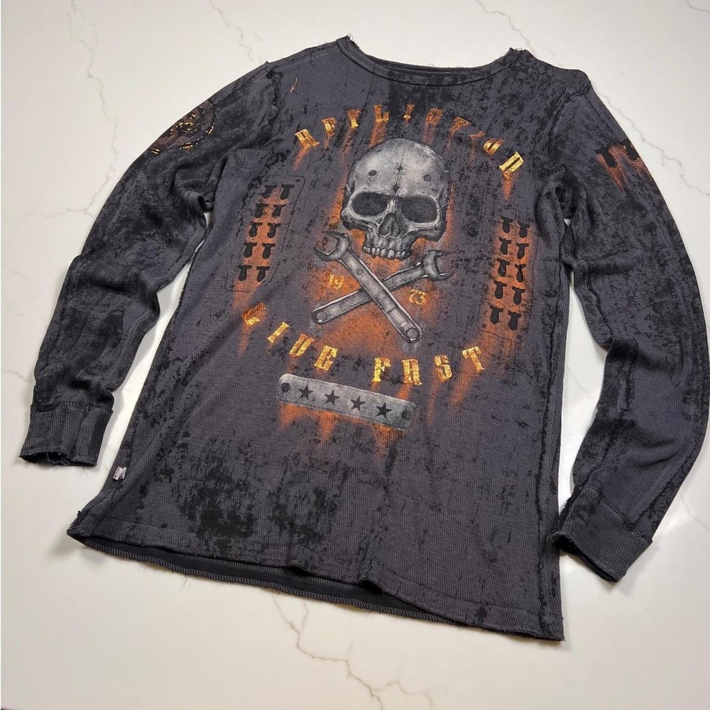 Affliction y2k reversible Thermal Shirt Mens Gray Distressed Skull choppers